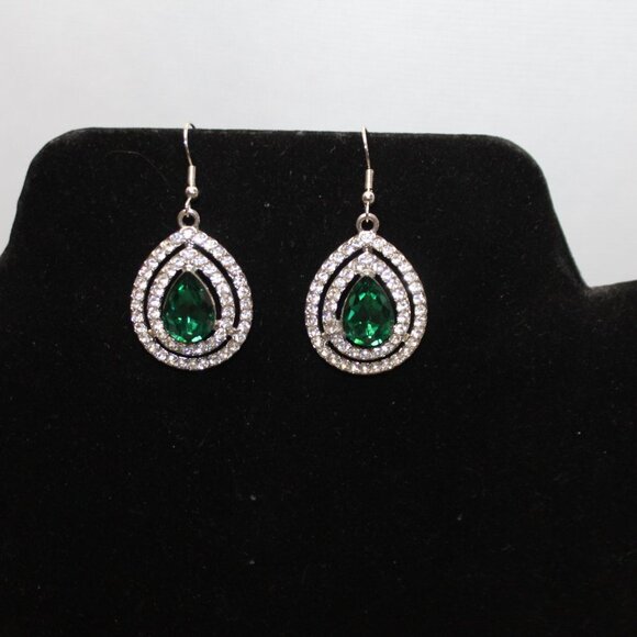 Green Rhinestone Tear Drop Dangle Earrings - Picture 3 of 7